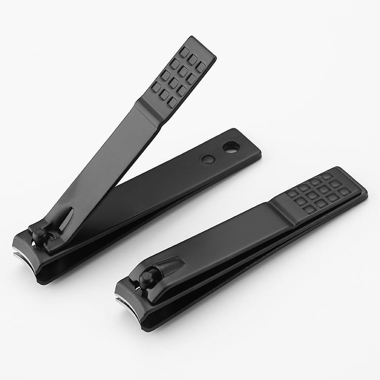 Black metal stainless steel nail clippers with textured grip handles shown from the back side.