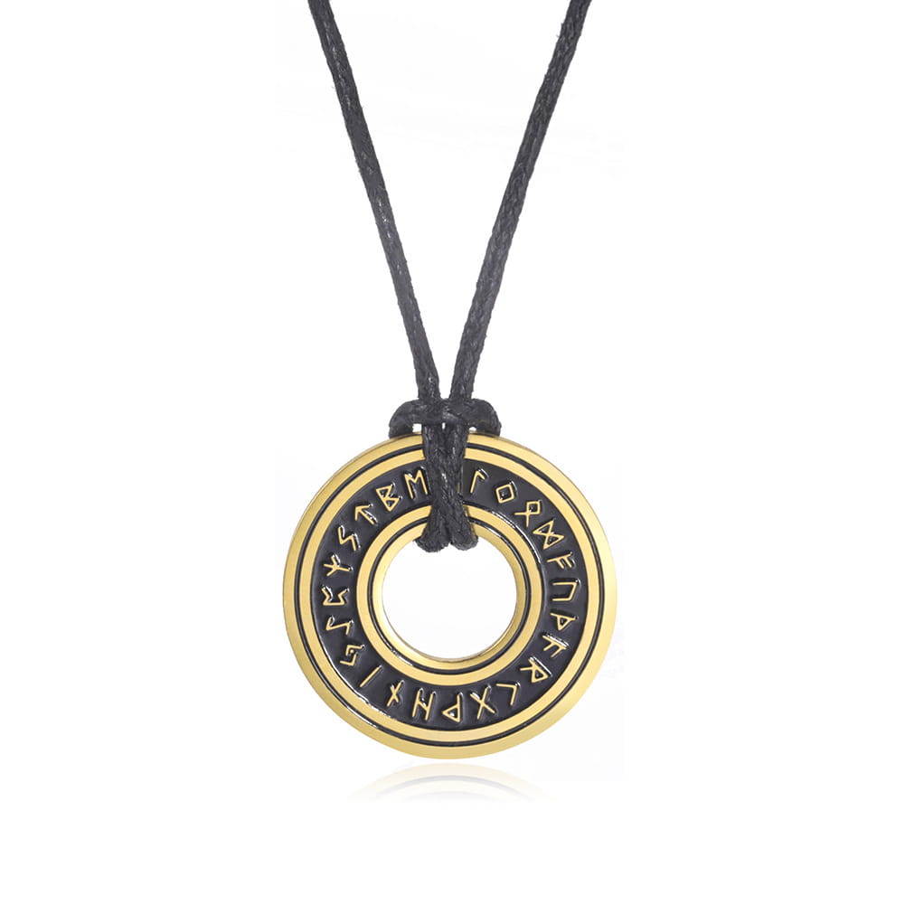Gold-colored circular stainless steel vintage Nordic rune pendant with black engraved runes around the inner edge suspended from a black cord suitable for Viking necklace use.