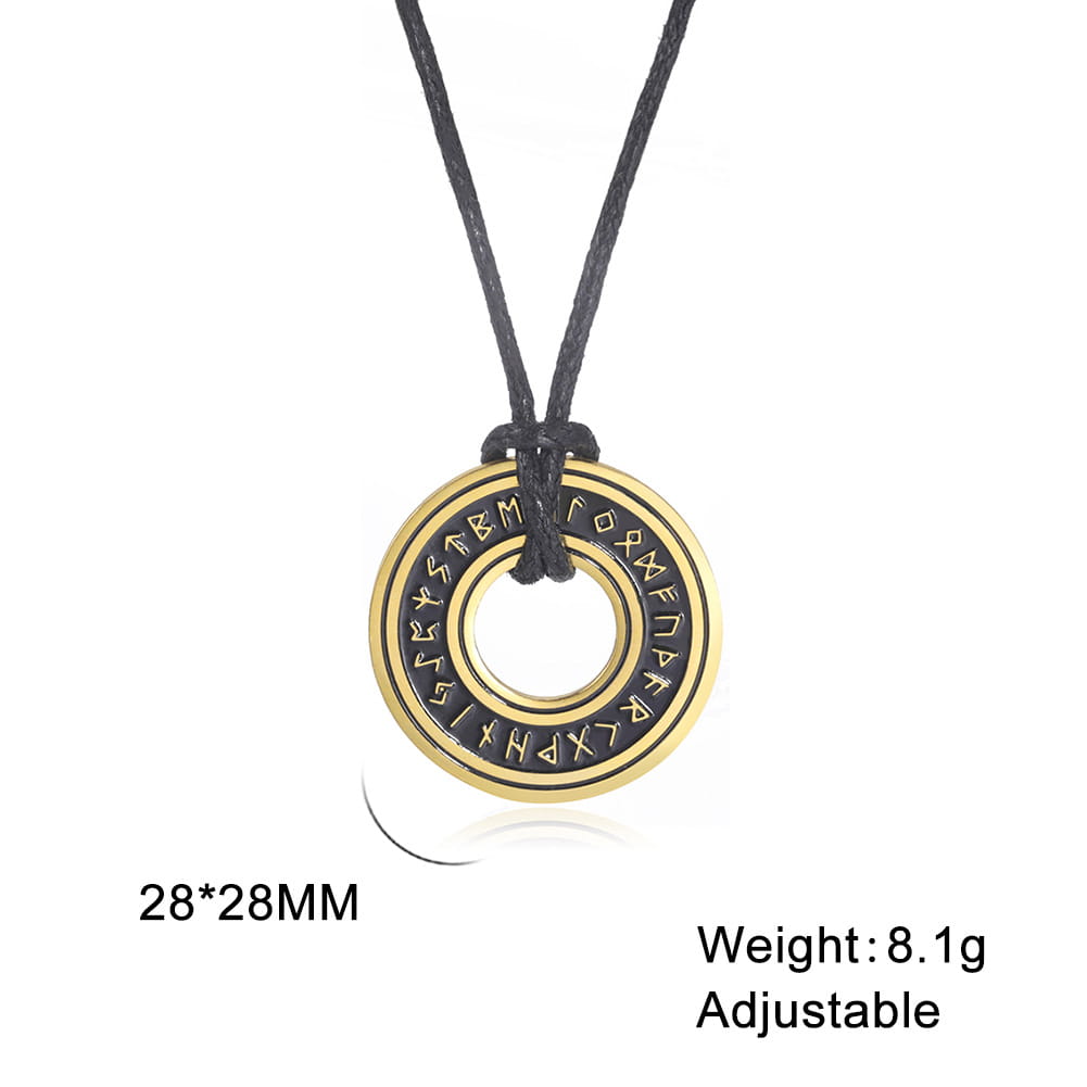 gold-colored circular vintage nordic rune pendant with black engraved runes made of stainless steel suspended on a black adjustable cord for viking necklace use