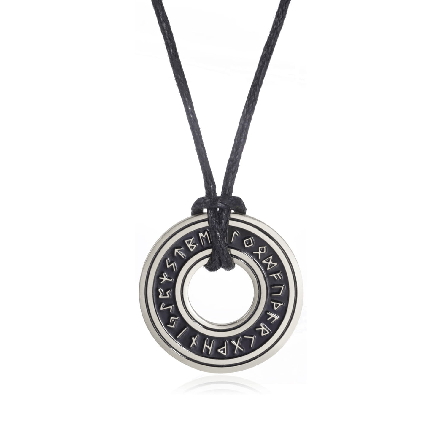 Silver circular stainless steel vintage Nordic rune pendant with engraved runes around the outer edge suspended from a black cord for Viking necklace use