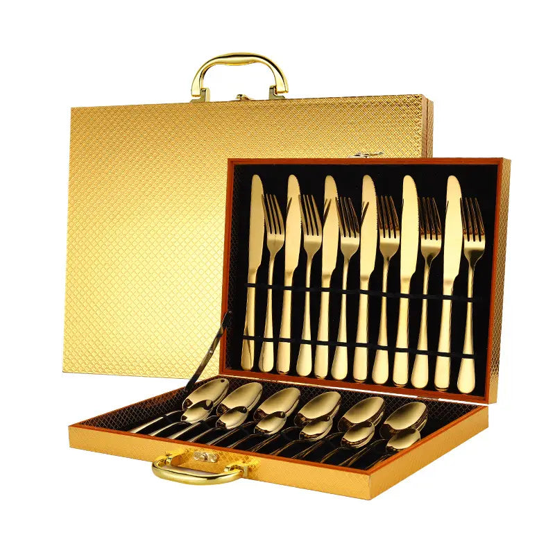 Gold stainless steel cutlery set 24 piece tableware with gold-finished utensils in a luxurious textured gold carrying case.