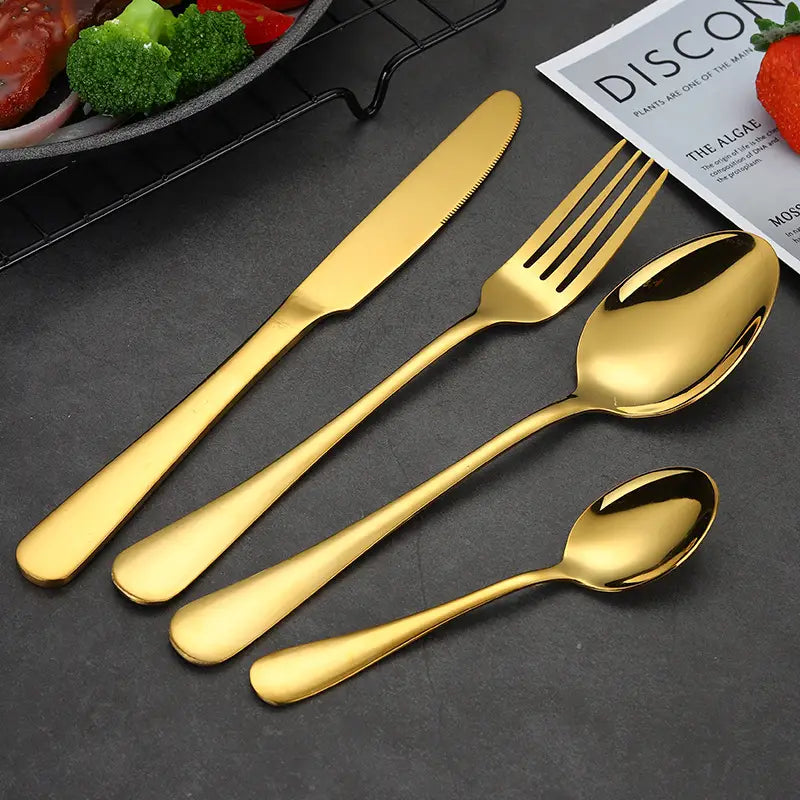 gold stainless steel cutlery set 24 piece tableware featuring a sleek modern design with polished surfaces and elegant handles