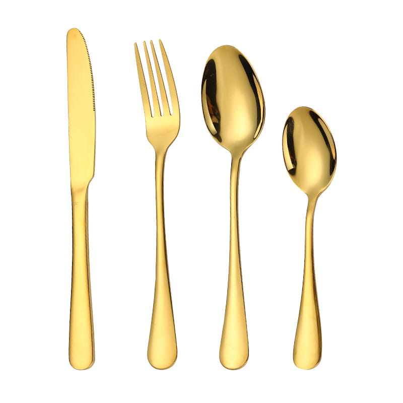Gold stainless steel cutlery set 24 piece tableware featuring a sleek modern design with polished surfaces made from durable stainless steel.