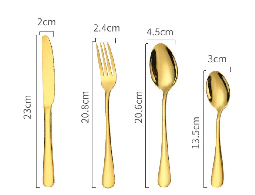 Gold stainless steel cutlery set featuring a knife, fork, and two spoons in a sleek modern design for 24 piece tableware.