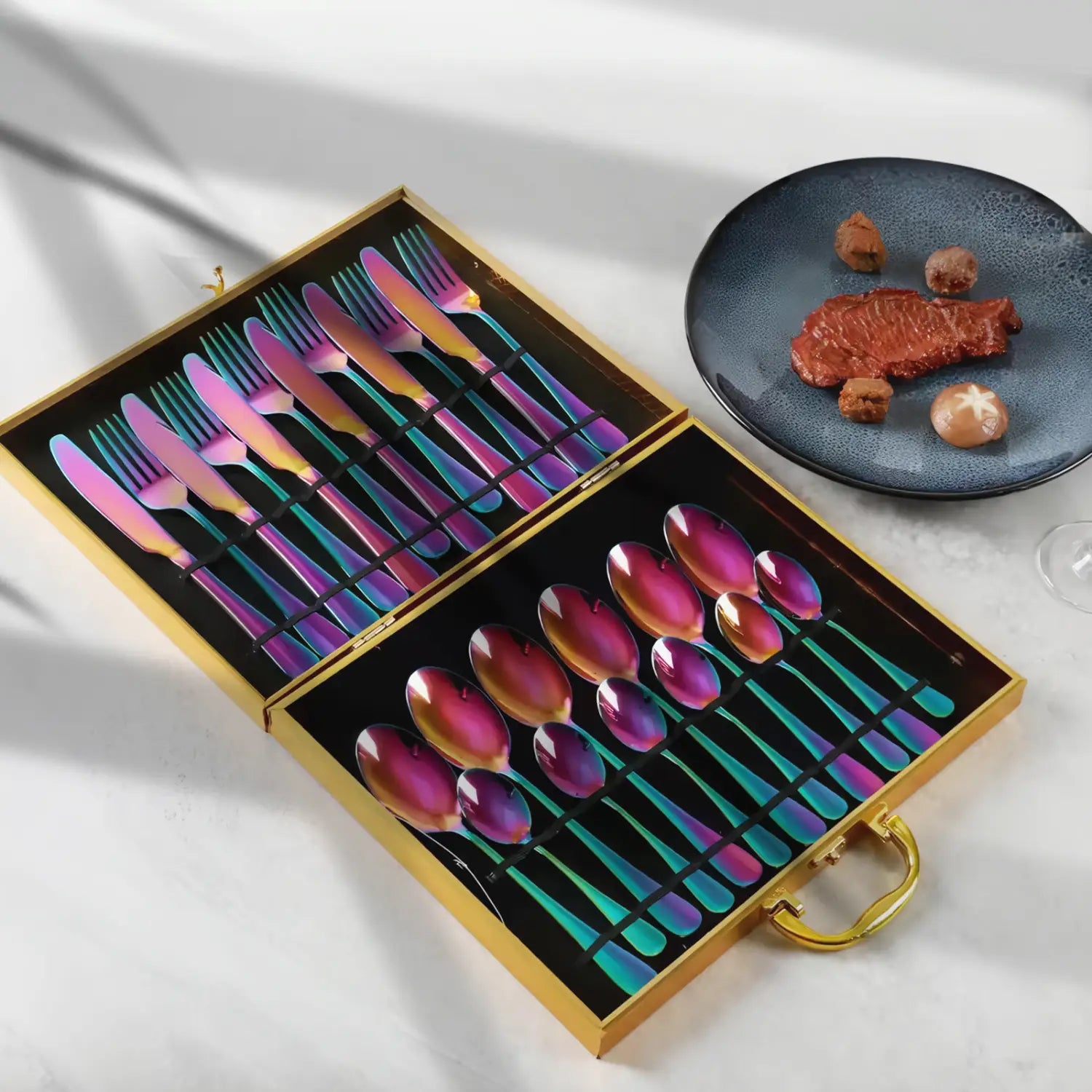 gold stainless steel cutlery set 24 piece tableware featuring rainbow iridescent stainless steel cutlery in a gold-trimmed presentation box.