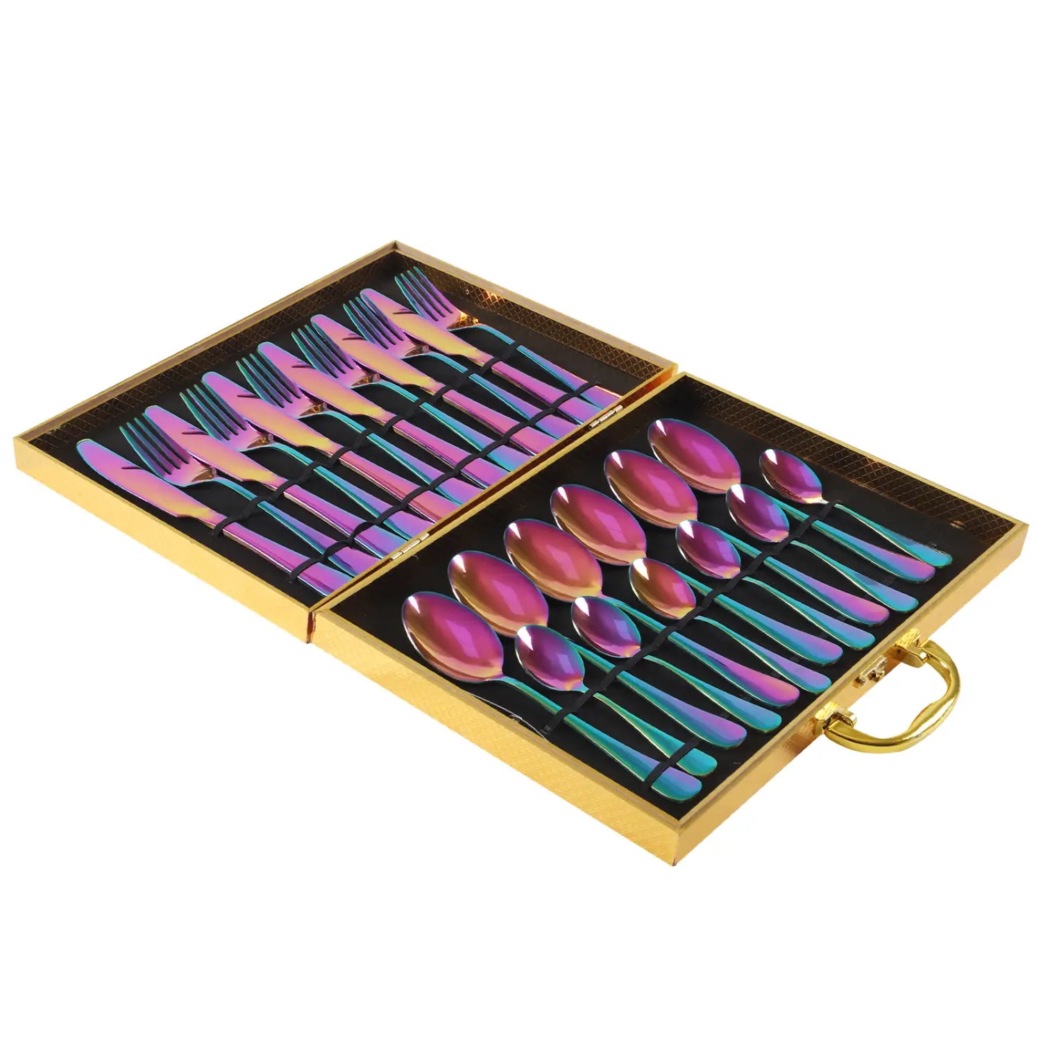 gold stainless steel cutlery set 24 piece tableware featuring iridescent stainless steel utensils in a gold-trimmed presentation box