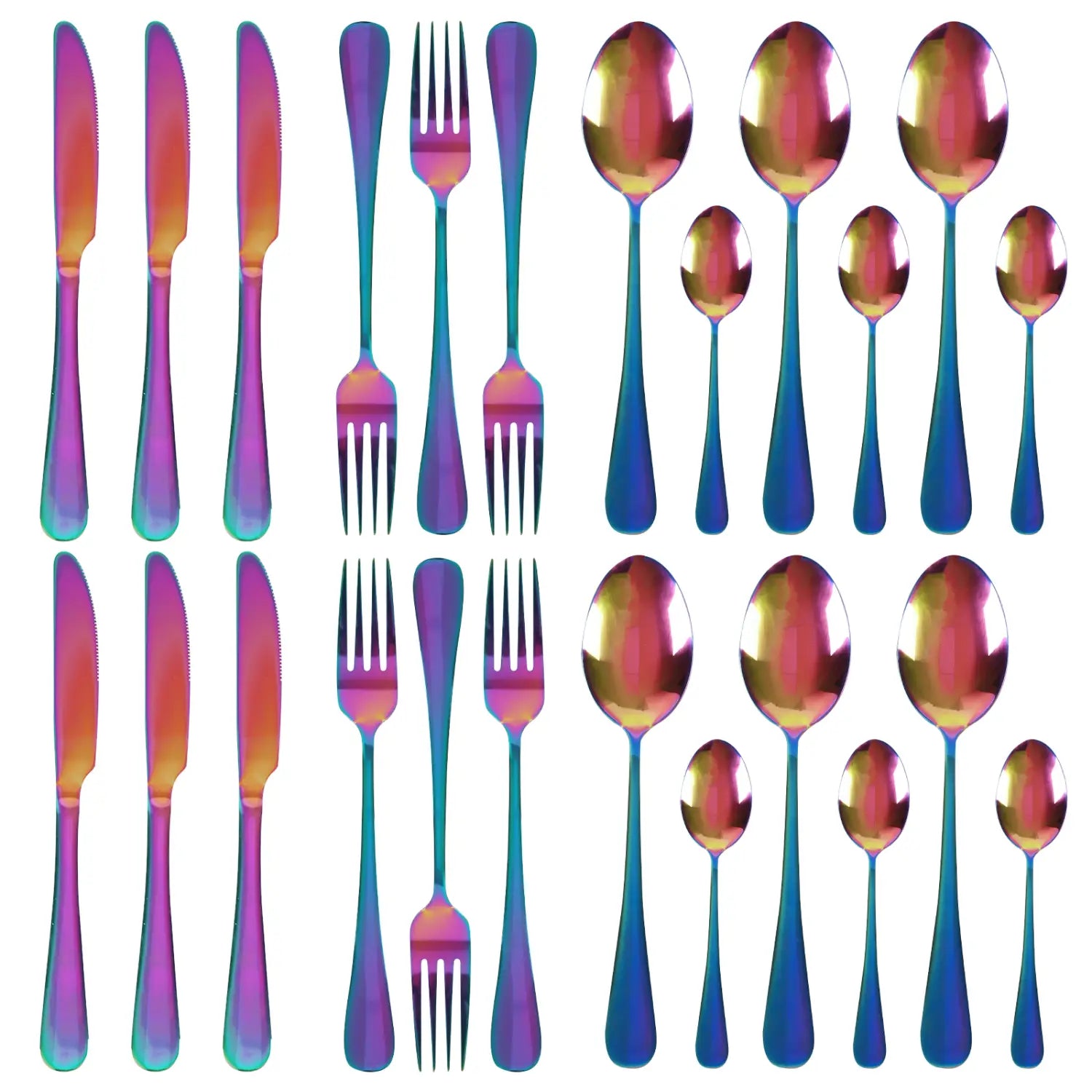 Rainbow iridescent stainless steel 24 piece cutlery set featuring knives forks and spoons with a sleek modern design for tableware use.