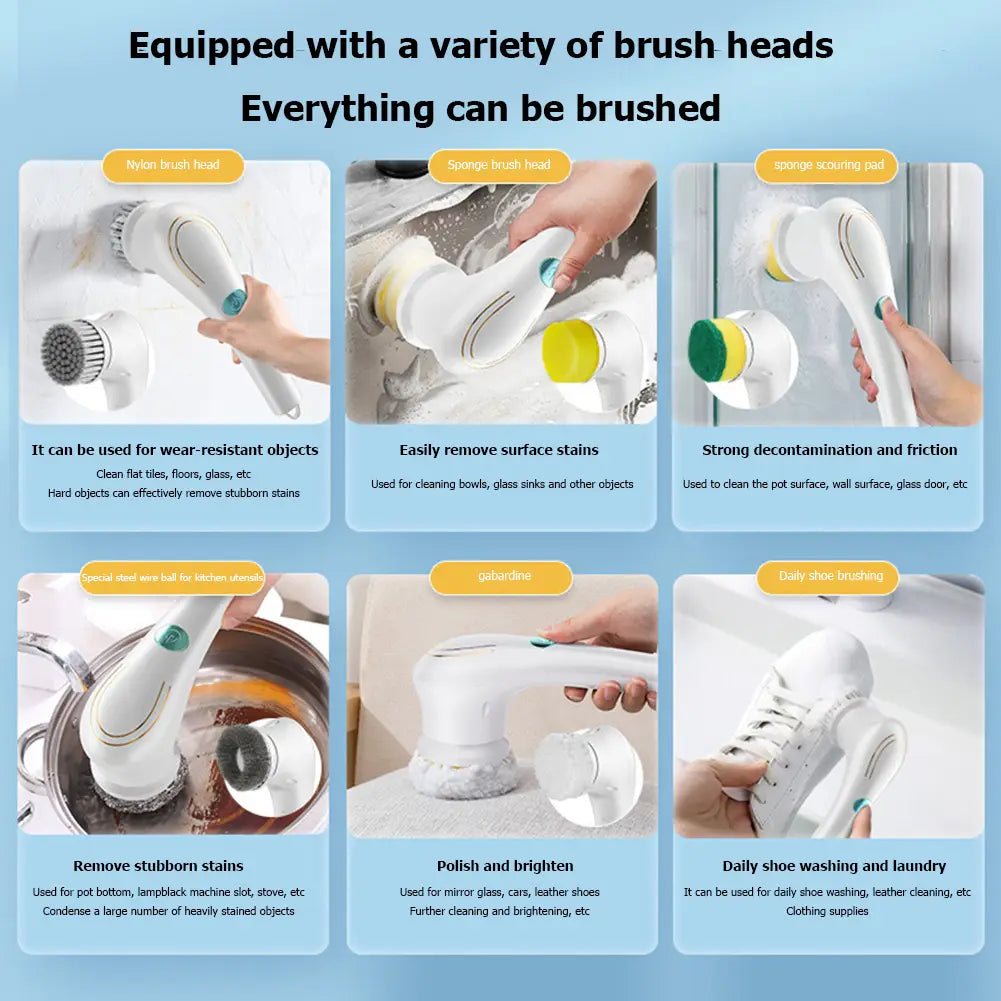 白色のコードレス電動クリーニングブラシ。交換可能なスポンジおよびナイロン毛ブラシヘッドで、多目的な清掃に対応します。