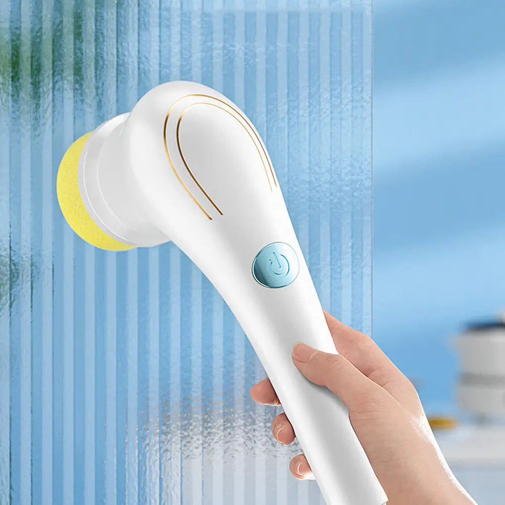 黄色のブラシヘッド、金色のアクセントライン、青色の電源ボタンを備えた白色の電動ガラスクリーナーのコードレススクラバー。5種類の交換ヘッドで効率的に清掃できます。