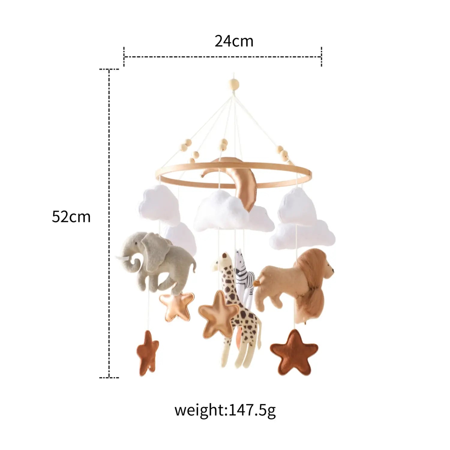Safari animal wooden crib mobile with beige and brown plush animals and felt clouds hanging from a wooden hoop top.