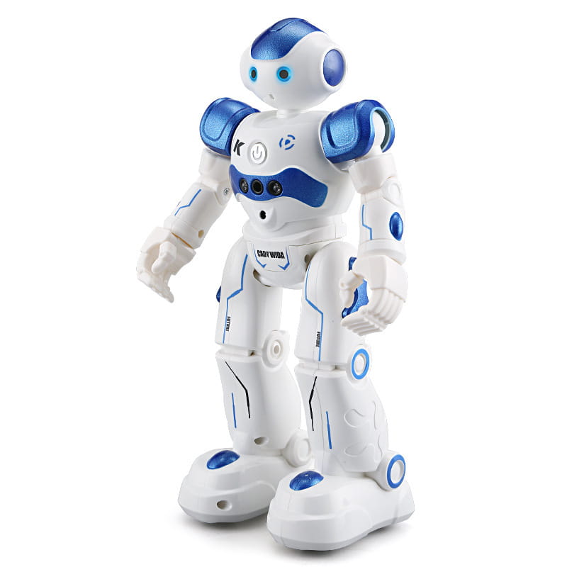Un juguete inteligente de robot color blanco y azul con articulaciones de plástico brillantes y acentos azules luminosos en la cabeza, los hombros, el pecho y los pies, diseñado para bailar con control por gestos.
