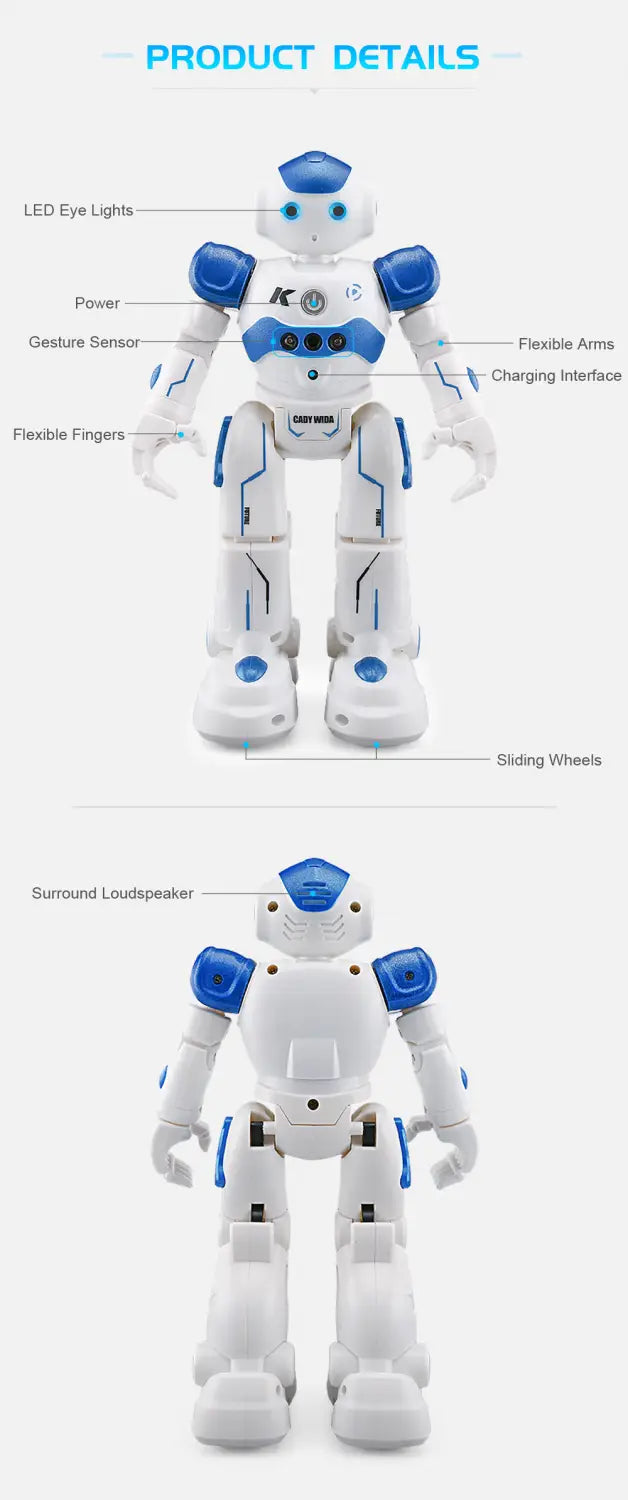 Un juguete inteligente de robot color blanco y azul con extremidades articuladas, ojos led orientados y ruedas deslizantes, diseñado para bailar con control por gestos y con control remoto.