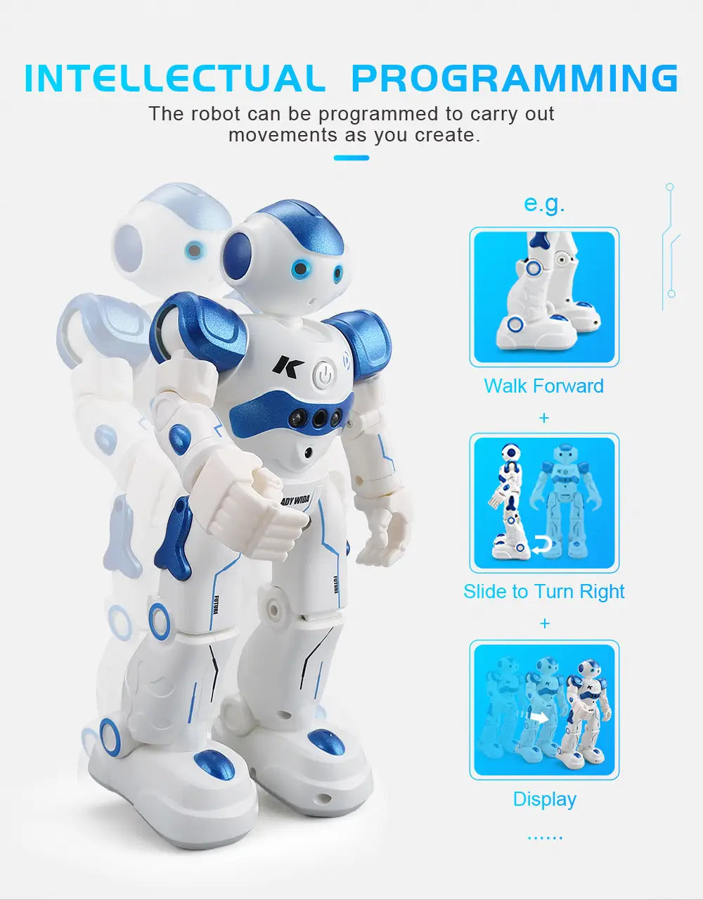 Un juguete inteligente de robot color blanco y azul con articulaciones articuladas, ojos luminosos y paneles negros de sensores en el pecho, diseñado para el control por gestos y el baile.