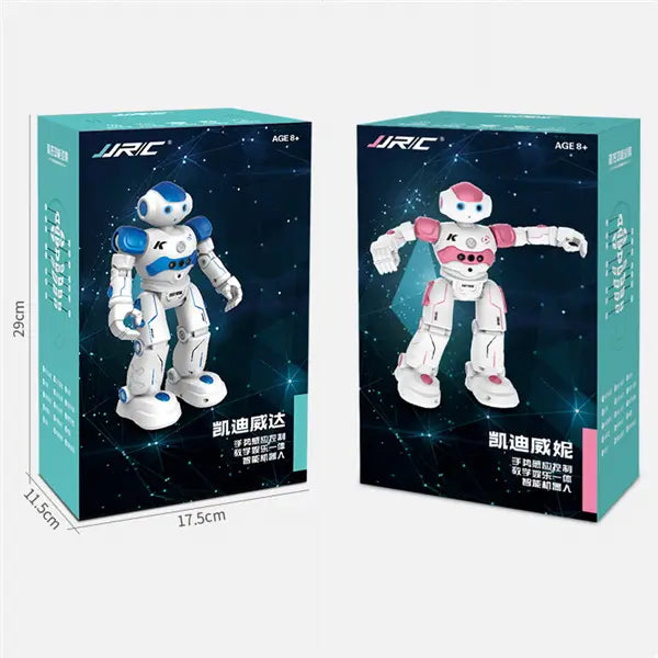 Dos figuras de robot RC inteligentes con control por gestos para bailar, incluidas en el embalaje: una predominantemente blanca con acentos azules y la otra principalmente rosa y blanca.