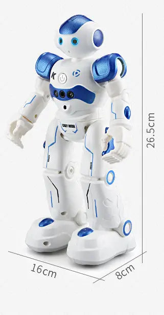 juguete inteligente de robot color blanco y azul con un diseño articulado elegante y acentos azules luminosos en las articulaciones y la cabeza, diseñado para bailar con control por gestos y para el uso con control remoto