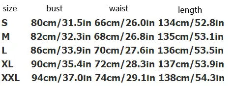 Tabla de tallas que muestra medidas en centímetros y pulgadas para tallas de vestido maxi plisado floral para mujer, desde la talla S hasta la XXL.