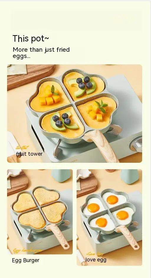 Light blue nonstick four-hole egg frying pan with wooden handles shaped like a four-leaf clover for cooking heart-shaped eggs or fruit-based dishes.