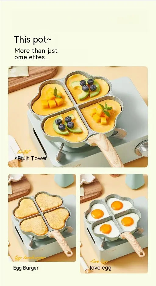 Light blue four-leaf clover-shaped nonstick frying pan with wood handles designed for frying eggs.