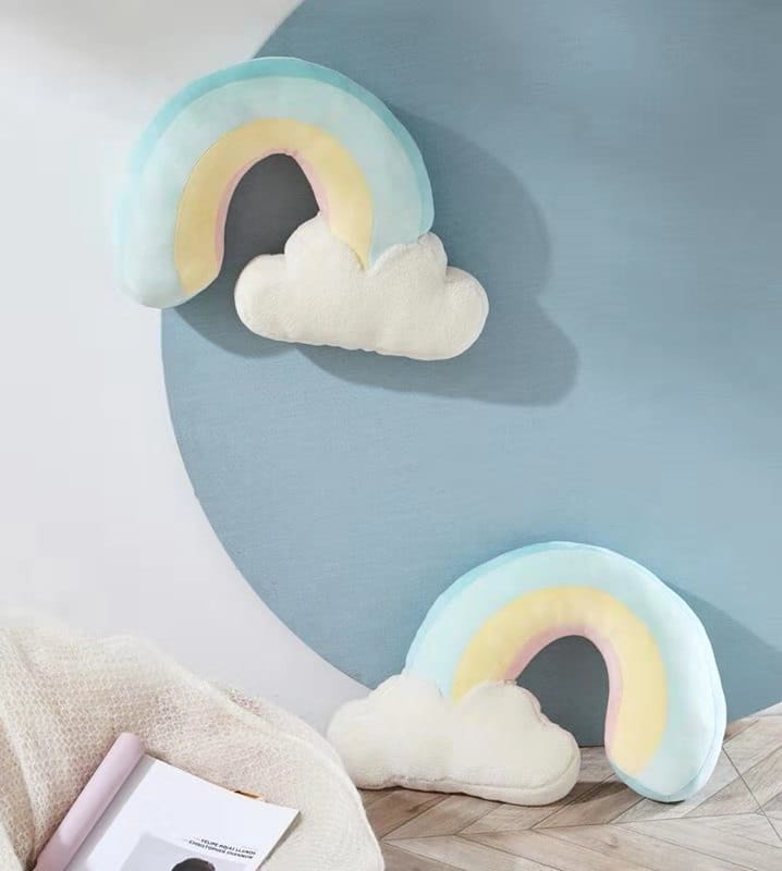 Cloud sun rainbow plush wall hanging decor featuring a pastel rainbow-shaped pillow with a soft fluffy cloud base.