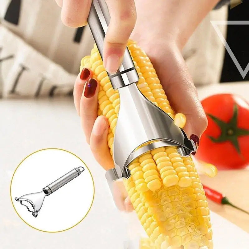 Outil de décorticage et de râlage du maïs en acier inoxydable brillant avec une coque ergonomique, doté d’une conception ergonomique élégante pour un décorticage efficace du maïs.