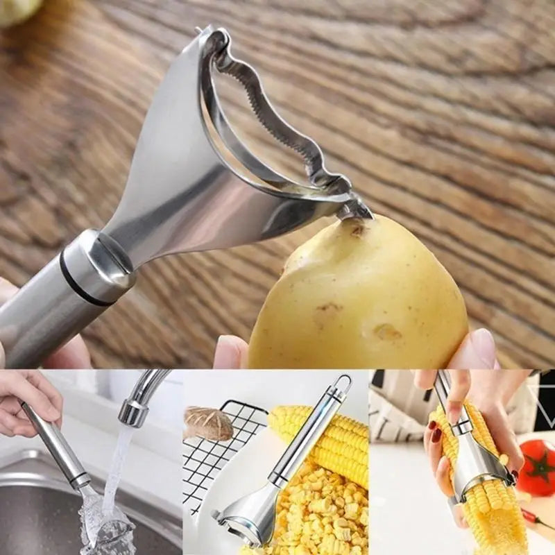 Outil de décorticage et de râlage du maïs en acier inoxydable, avec lame dentelée courbe et poignée ergonomique pour éplucher les légumes.