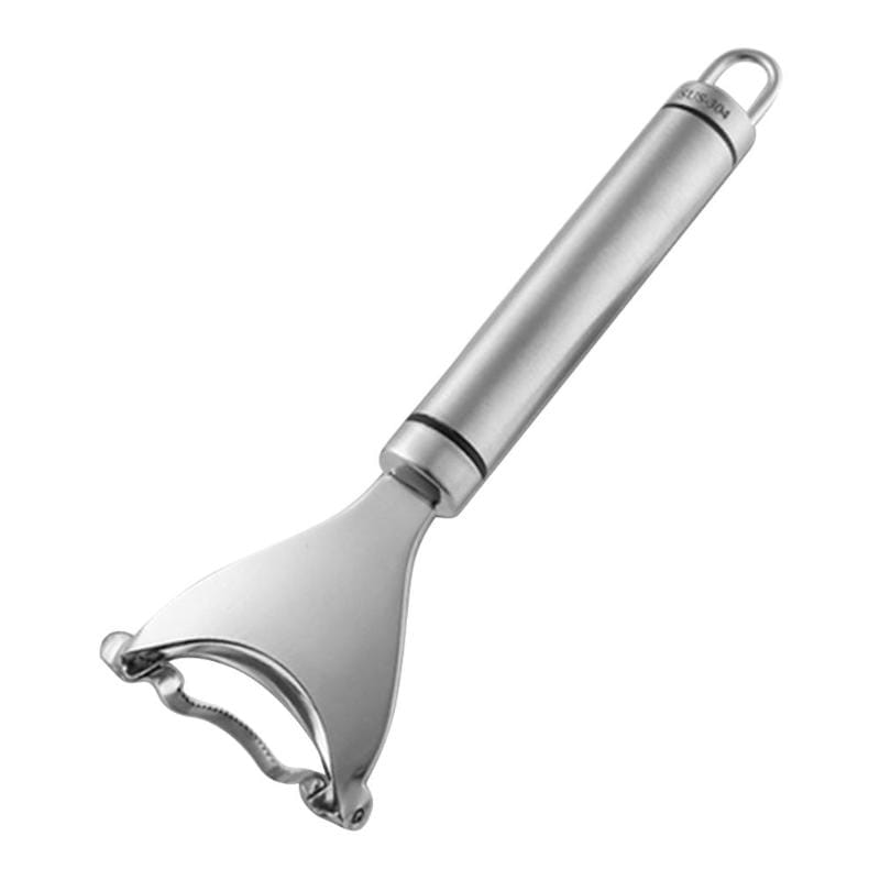 Râloir/planeur de maïs en acier inoxydable, avec une poignée ergonomique élégante et une lame courbe conçue pour un décorticage efficace du maïs.