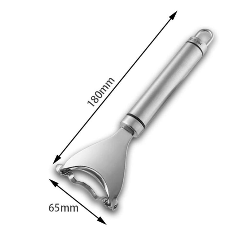 Un outil de décorticage et de râlage du maïs en acier inoxydable, doté d’une finition métallique polie élégante d’une longueur de 180 mm et d’une lame dentelée courbe.