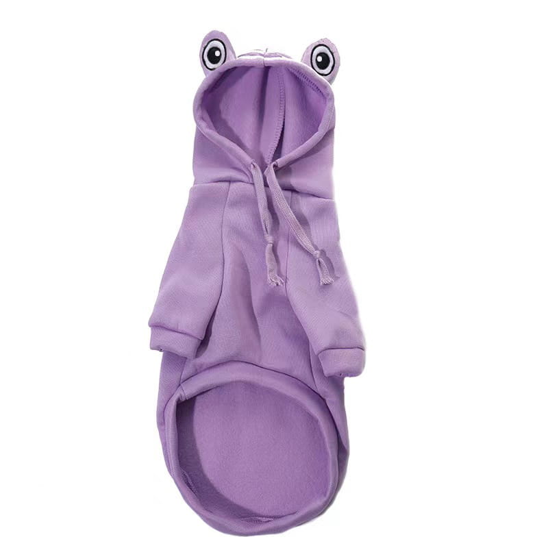 Pull pour animal de compagnie à capuche sur le thème d’une grenouille violette en polaire, costume, avec des yeux brodés et des cordons de serrage pour chiens.