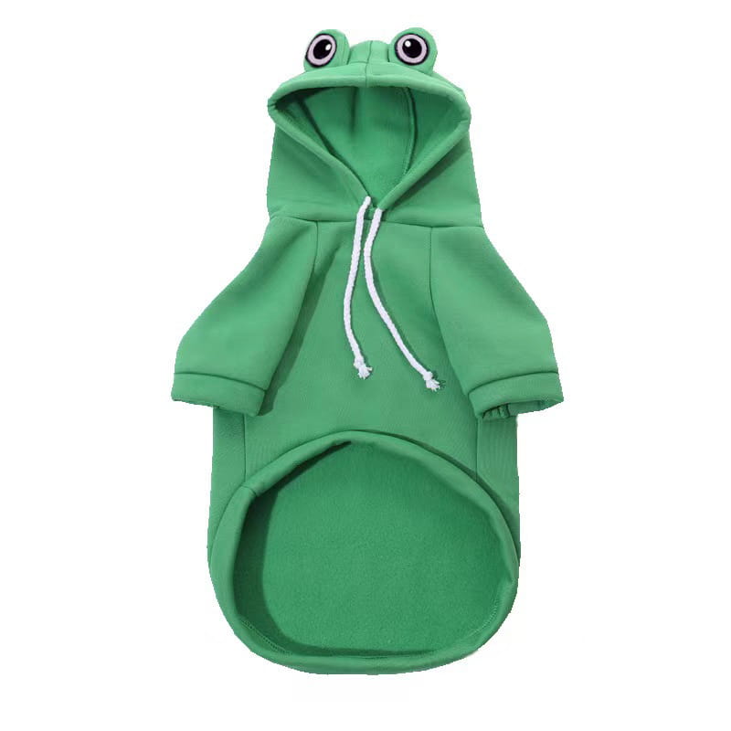 Sweat à capuche vert sur le thème d’une grenouille pour animaux de compagnie, avec des yeux brodés et des cordons blancs en polaire, conçu pour être utilisé comme costume de pull pour chien en polaire avec capuche Frog Dog