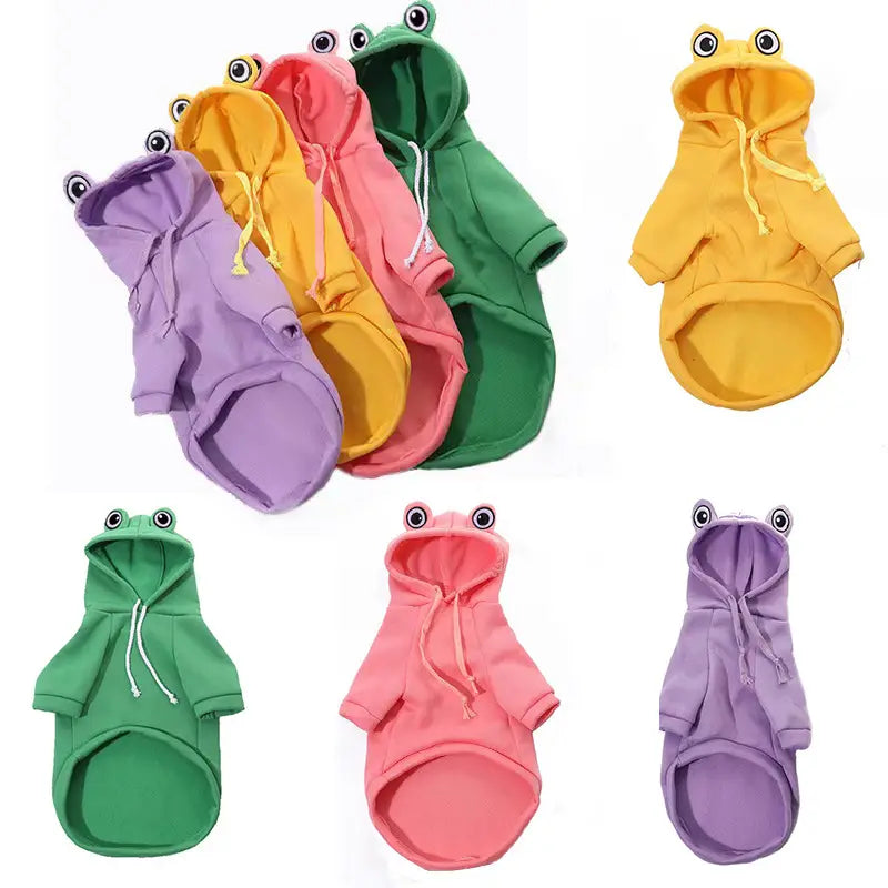Pull pour chien Frog Dog à capuche coloré, en polaire douce, avec des yeux brodés sur la capuche.