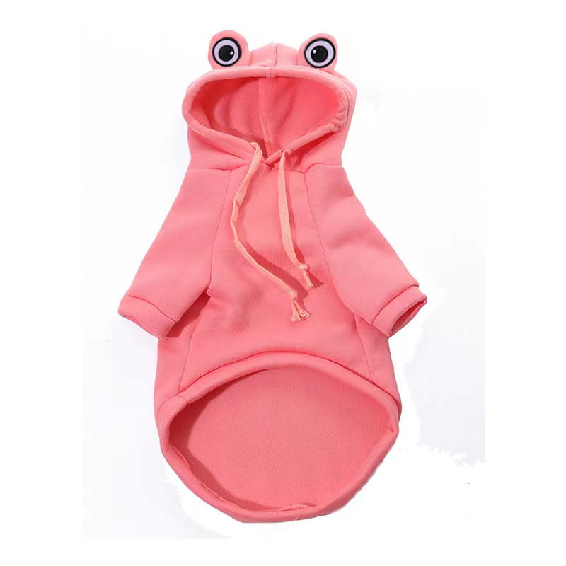 Pull pour chien Frog Dog à capuche rose, en tissu de peluche en polaire, avec des yeux brodés sur la capuche, conçu pour les animaux de compagnie.