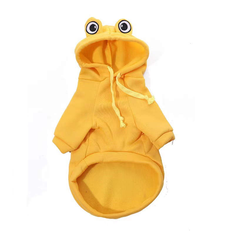 Veste à capuche pour animal de compagnie en polaire jaune, moelleuse, conçue comme un pull pour chien sur le thème d’une grenouille pour petits animaux