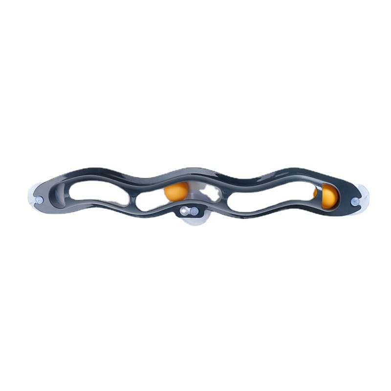 Black plastic cat track ball toy with orange balls and suction cups for interactive pet play.