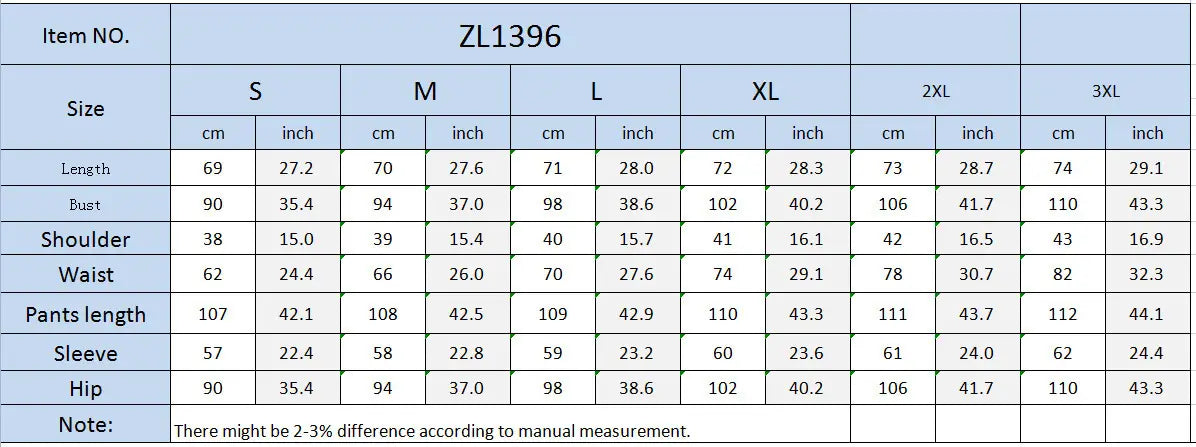 The table displays size measurements including length, bust, shoulder, waist, pants length, sleeve, and hip for the women’s tailored blazer and wide leg trouser suit set across sizes S to 3XL.