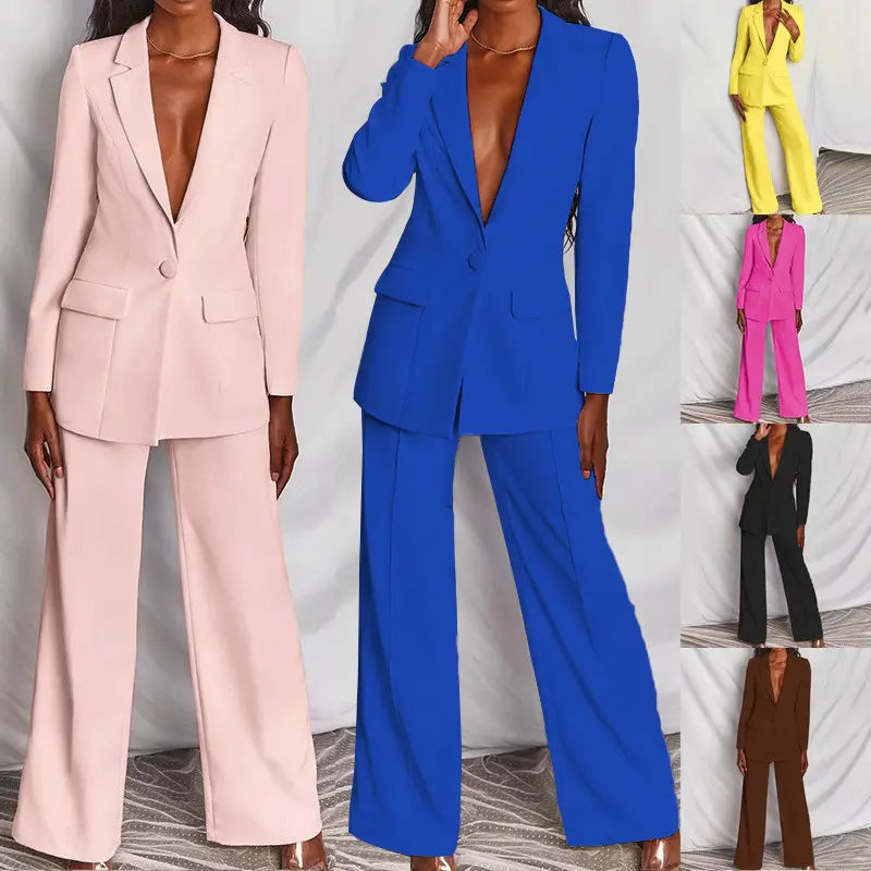 A stylish women’s tailored blazer and wide leg trouser suit set in bold royal blue with a sleek blazer and matching trousers.