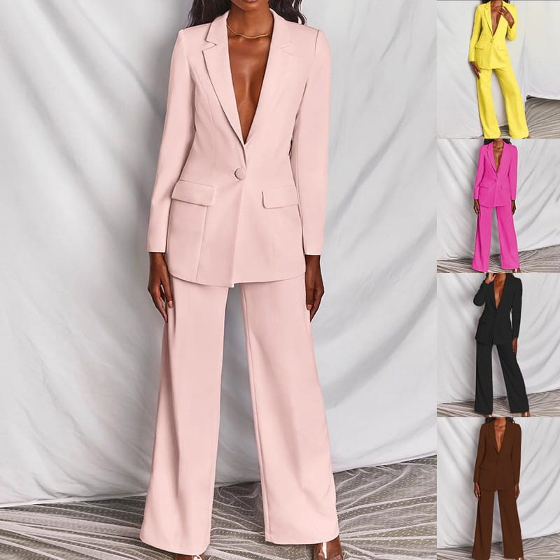 A soft pink women’s tailored blazer and wide leg trouser suit set made of smooth fabric perfect for professional wear.