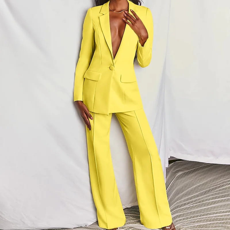 Women’s tailored blazer and wide-leg trouser suit set in bright yellow featuring a structured fit and smooth fabric ideal for formal wear