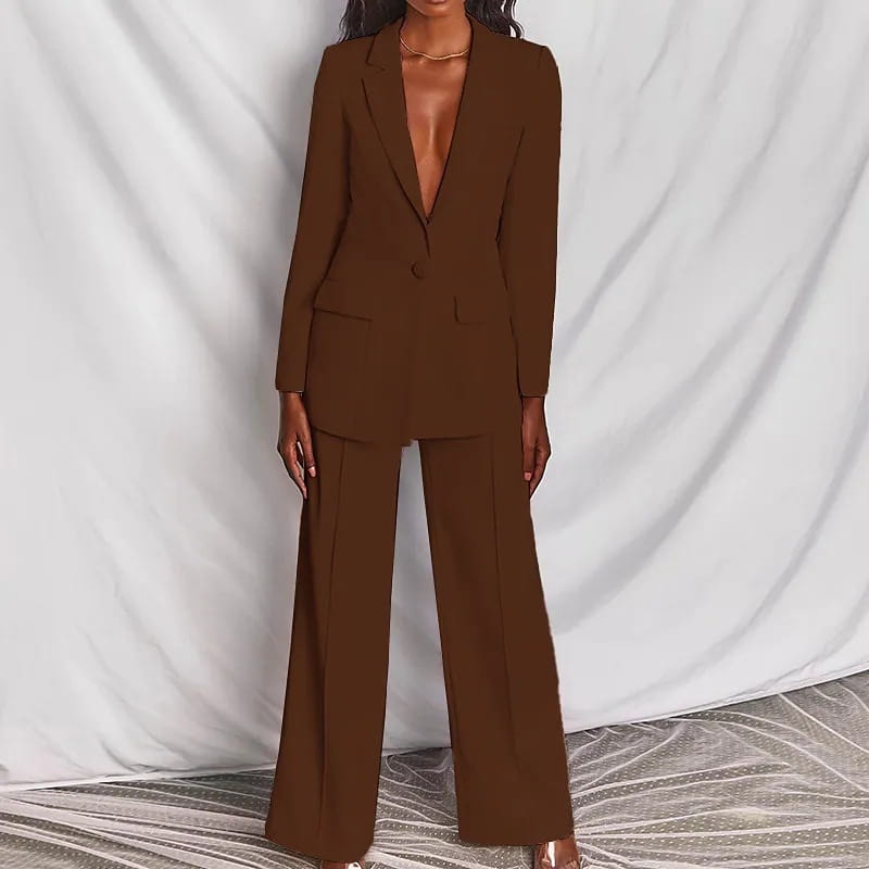 Brown tailored blazer and wide leg trouser suit set for women featuring a structured fit and flowing silhouette.