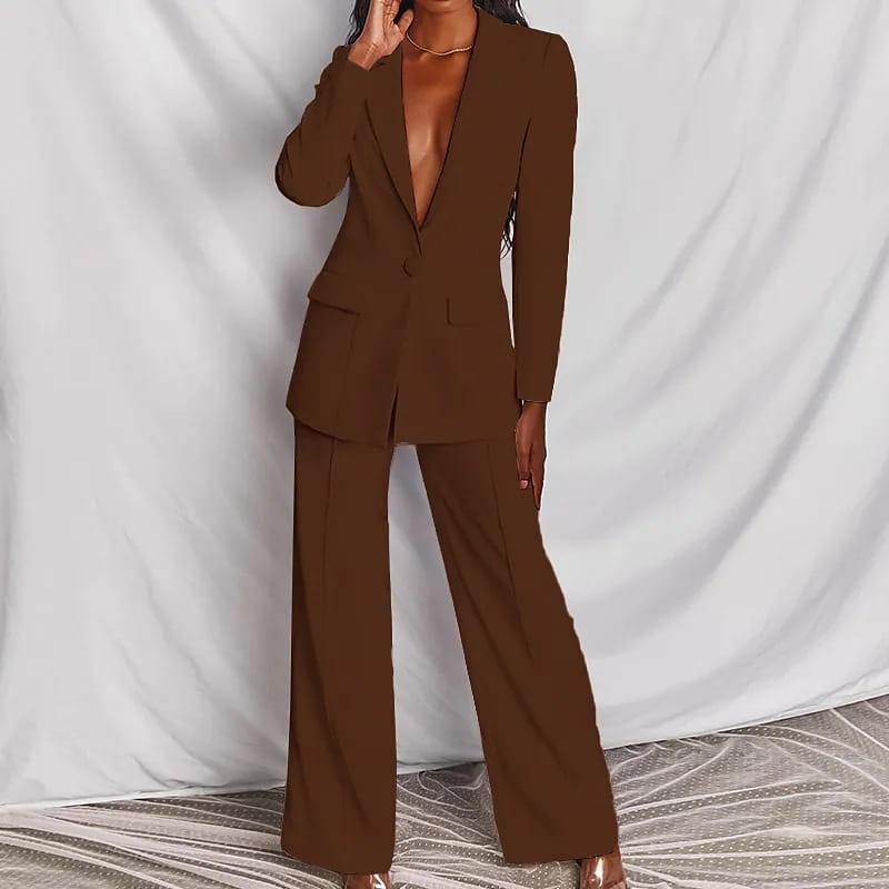 brown tailored blazer and wide leg trouser suit set for women featuring a fitted silhouette and flowing wide-leg design