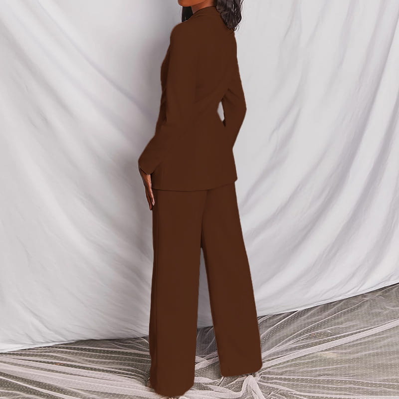 brown tailored blazer and wide leg trouser suit set for women featuring a structured two-piece design in a soft fabric