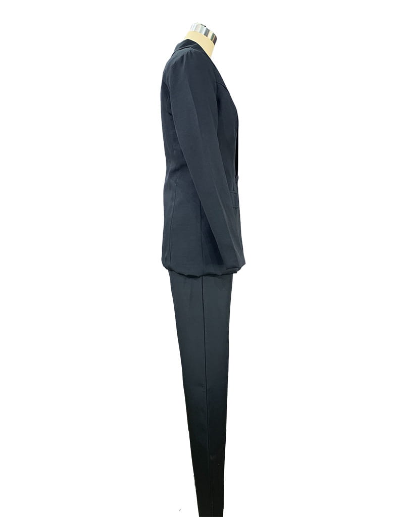 Black tailored blazer and wide leg trouser suit set displayed on a mannequin made from structured fabric for women.