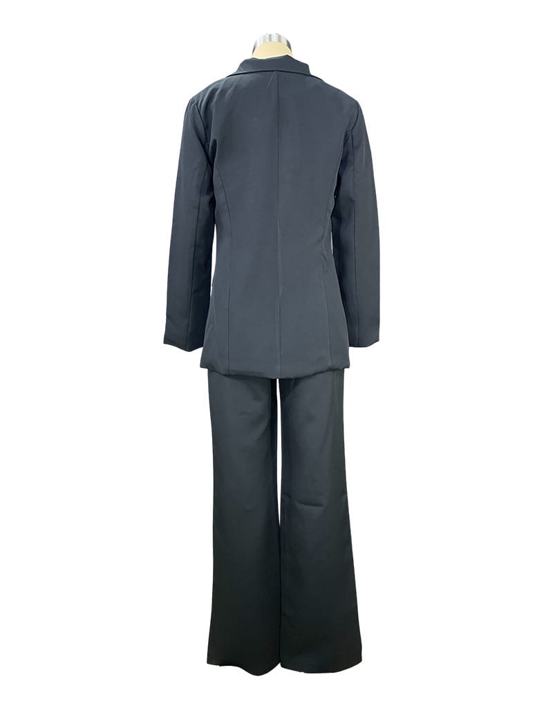 black tailored blazer and matching wide-leg trousers suit set for women made from structured fabric ideal for professional wear