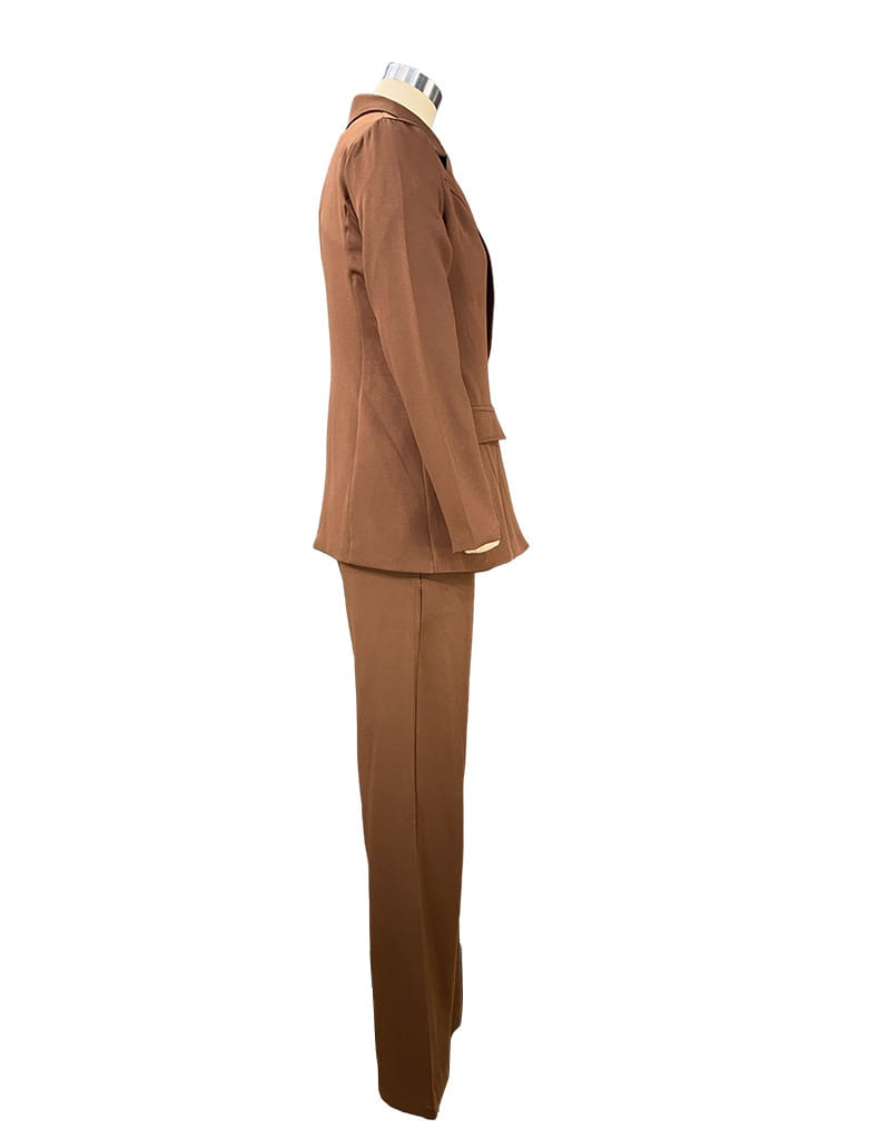 a tailored brown suit set featuring a matching blazer and wide leg trousers displayed on a mannequin for women