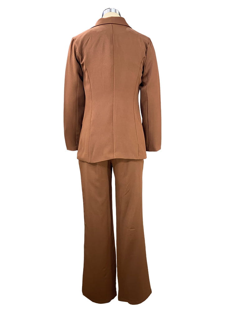 a tailored brown women’s blazer and wide-leg trouser suit set displayed on a mannequin showcasing the matching blazer and trousers