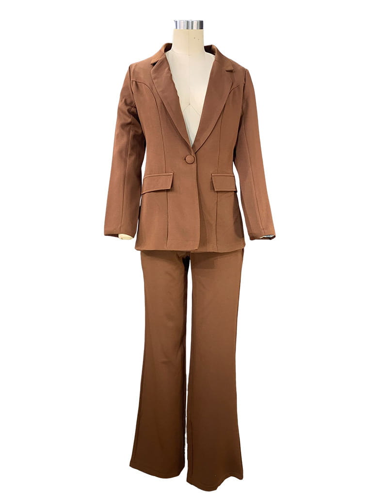 Brown tailored blazer and wide leg trouser suit set for women featuring a fitted silhouette and flared trousers.