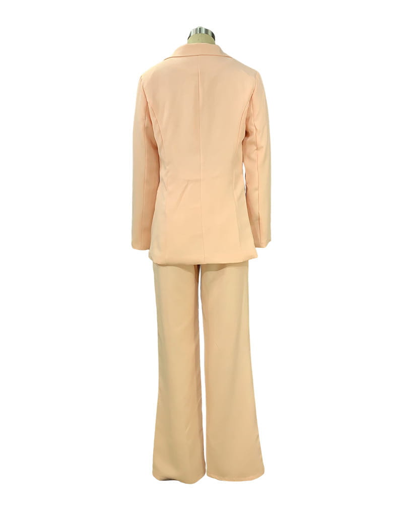 Beige women’s tailored blazer and wide leg trouser suit set made from soft fabric featuring a structured fit for a polished professional look.