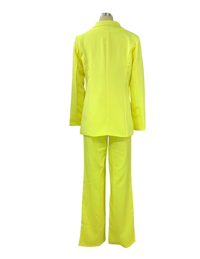 Bright lime green women’s tailored blazer and wide leg trouser suit set made from smooth fabric ideal for professional and formal occasions