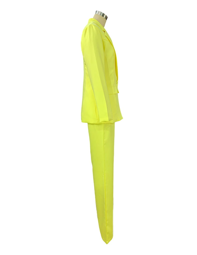 bright yellow women’s tailored blazer and wide leg trouser suit set displayed on a mannequin showcasing a chic two-piece formal outfit.