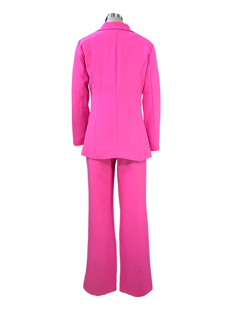 vibrant pink women tailored blazer and wide leg trouser suit set featuring a tailored blazer and flared trousers ideal for formal and professional occasions