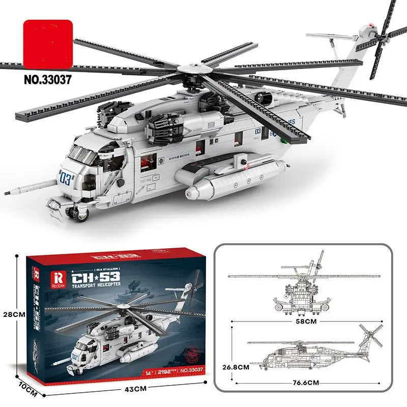 Modèle en plastique blanc et noir représentant un hélicoptère de transport de type Sea Stallion Ch-53, assemblé à partir de blocs de construction emboîtables, pour constituer un modèle-jouet en blocs de construction.
